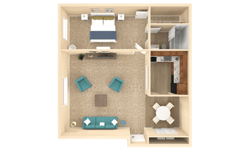 a 3d rendering of a furnished floor plan with a bedroom and living room
